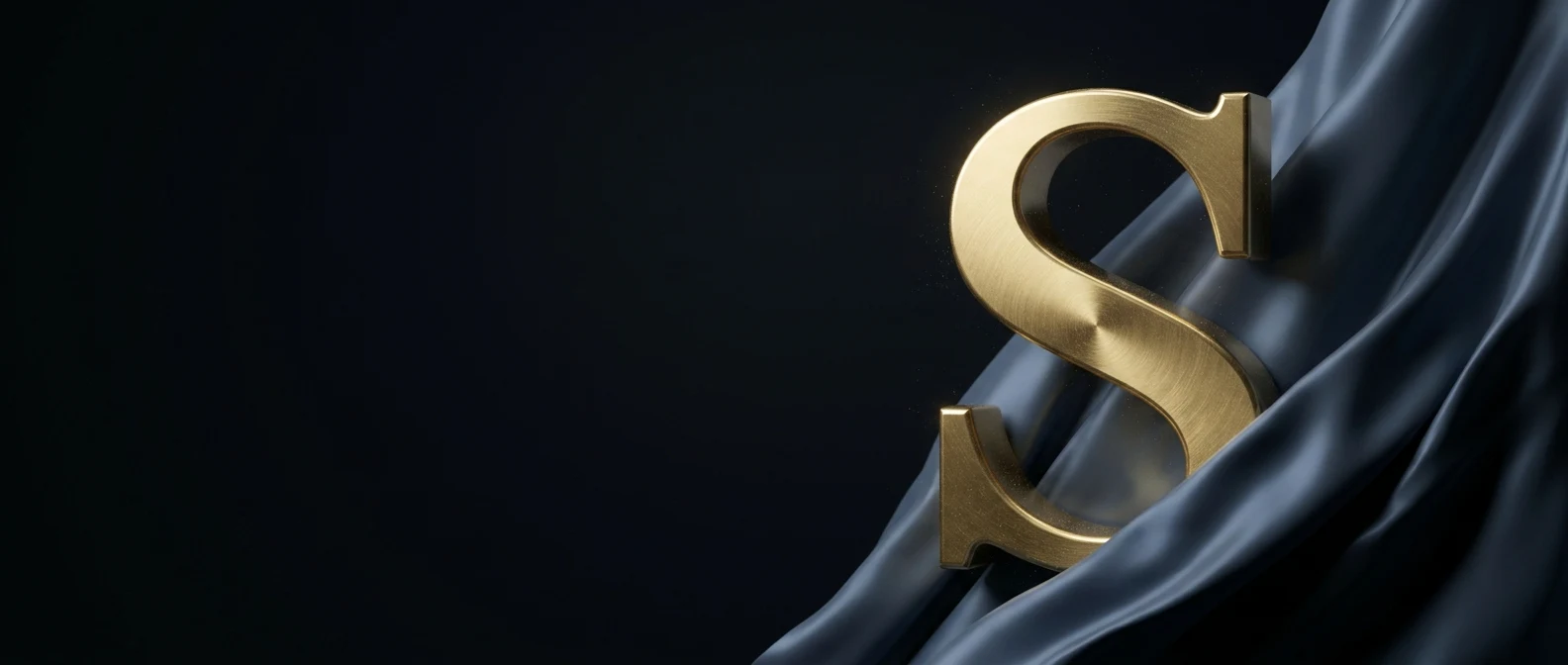 An elegant golden letter 'S' on dark blue silk fabric represents sophisticated data handling.